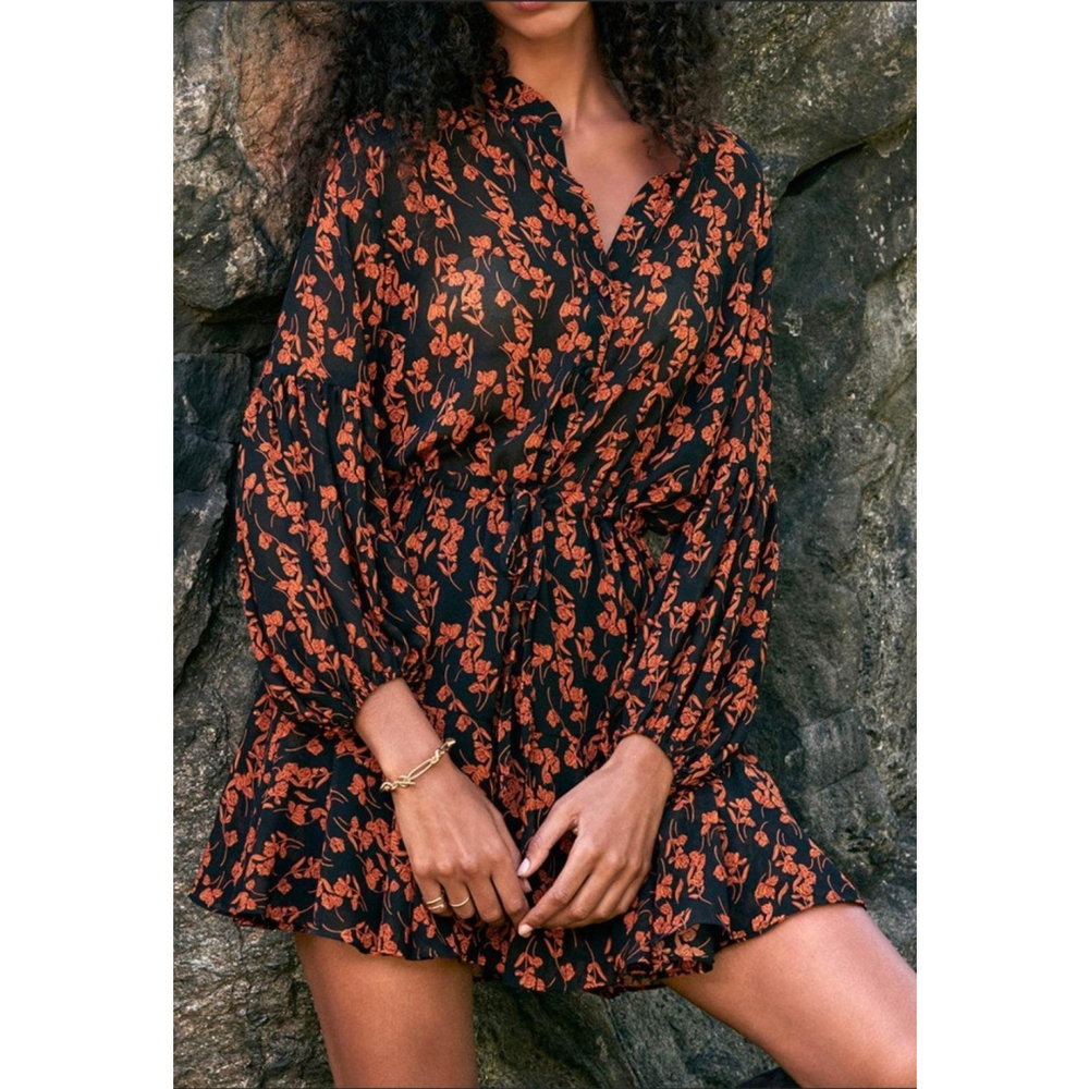 Lulus Sheer Floral Dress Black Orange Ruffle Tiered Balloon Sleeve Women's S